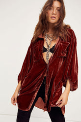 Robe chemise vintage boutonnée en velours à manches évêque et ourlet asymétrique - Rouille